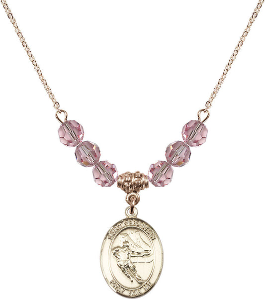 14kt Gold Filled Saint Sebastian / Hockey Birthstone Necklace with Light Rose Beads - 8604