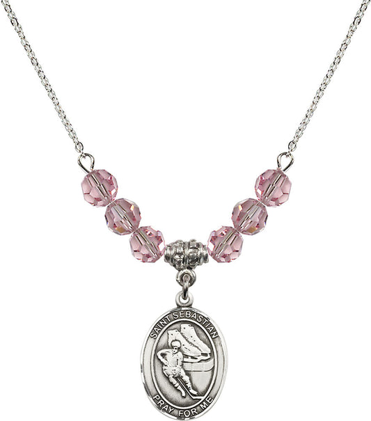 Sterling Silver Saint Sebastian / Hockey Birthstone Necklace with Light Rose Beads - 8604