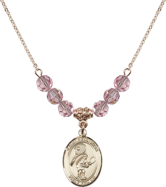 14kt Gold Filled Saint Sebastian / Tennis Birthstone Necklace with Light Rose Beads - 8605