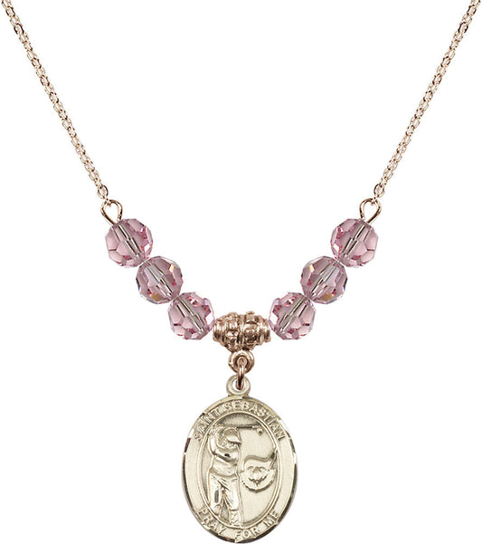 14kt Gold Filled Saint Sebastian / Golf Birthstone Necklace with Light Rose Beads - 8606