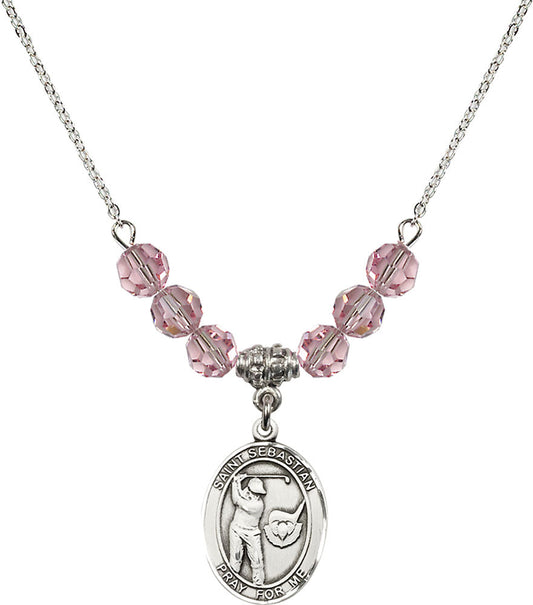 Sterling Silver Saint Sebastian / Golf Birthstone Necklace with Light Rose Beads - 8606