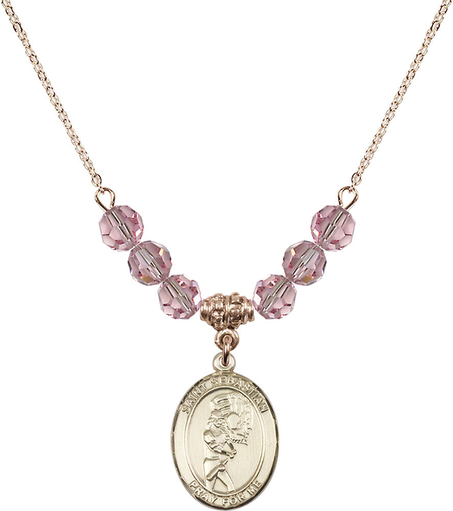 14kt Gold Filled Saint Sebastian/Softball Birthstone Necklace with Light Rose Beads - 8607