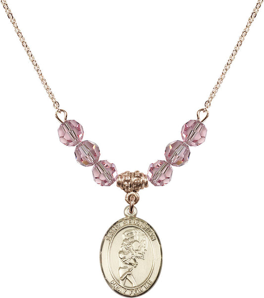 14kt Gold Filled Saint Sebastian/Softball Birthstone Necklace with Light Rose Beads - 8607