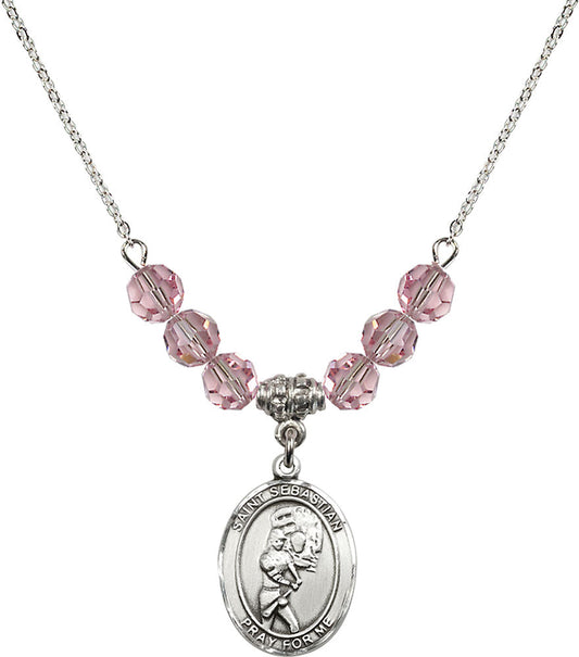 Sterling Silver Saint Sebastian/Softball Birthstone Necklace with Light Rose Beads - 8607