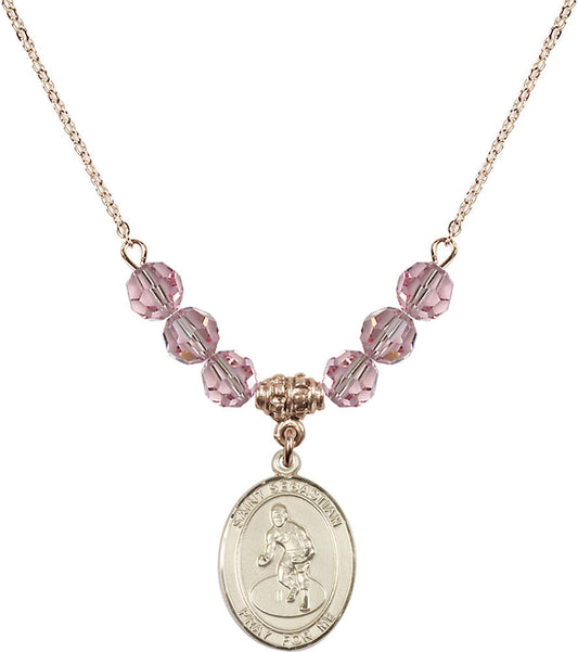 14kt Gold Filled Saint Sebastian/Wrestling Birthstone Necklace with Light Rose Beads - 8608