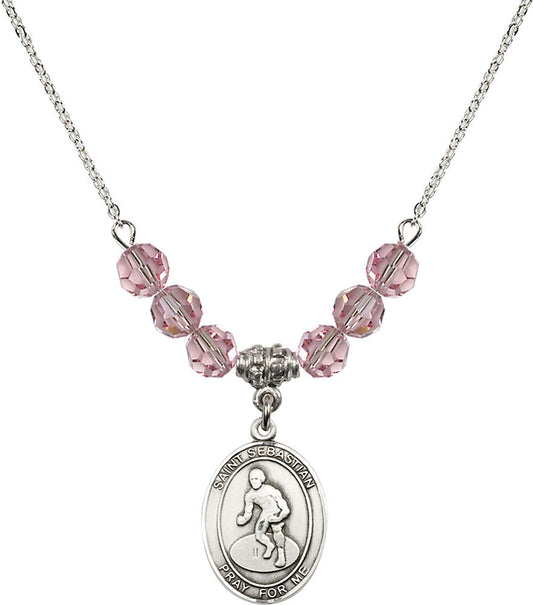 Sterling Silver Saint Sebastian/Wrestling Birthstone Necklace with Light Rose Beads - 8608