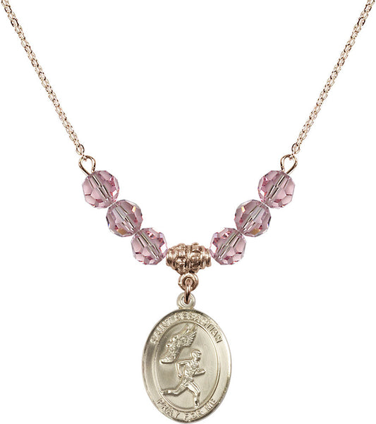 14kt Gold Filled Saint Sebastian /Track&Field-Men Birthstone Necklace with Light Rose Beads - 8609