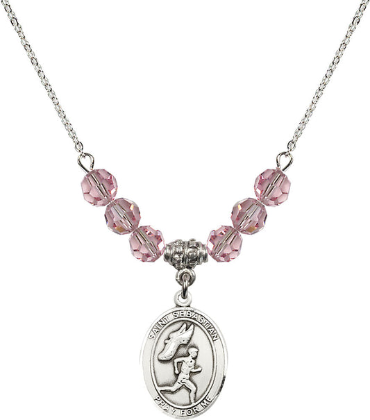 Sterling Silver Saint Sebastian /Track&Field-Men Birthstone Necklace with Light Rose Beads - 8609