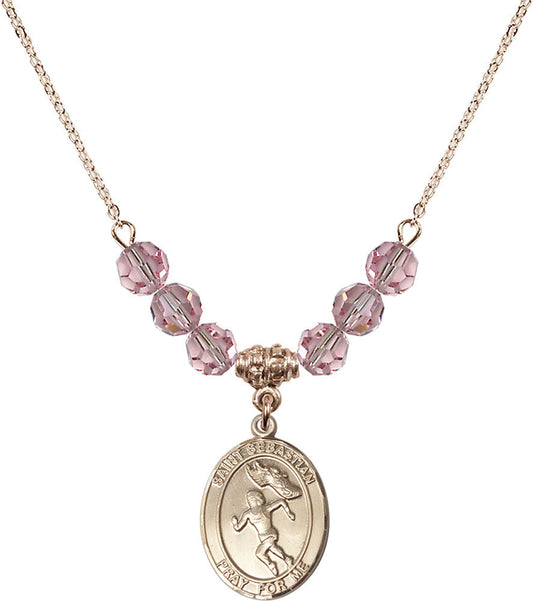 14kt Gold Filled Saint Sebastian /Track&Field-Women Birthstone Necklace with Light Rose Beads - 8610