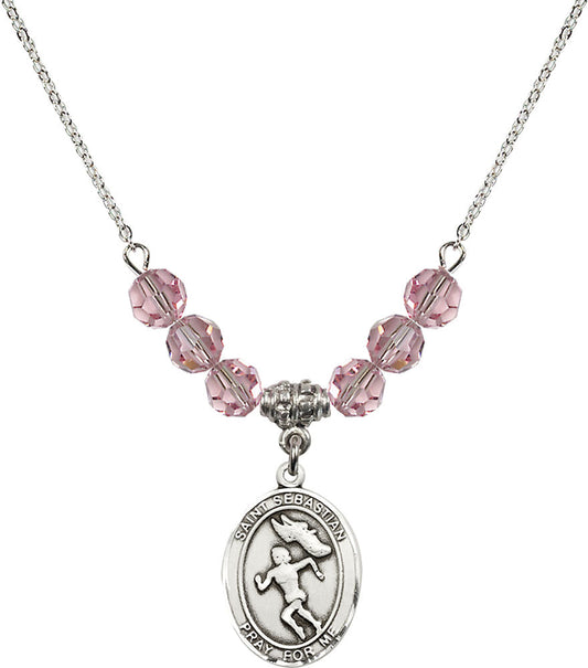 Sterling Silver Saint Sebastian /Track&Field-Women Birthstone Necklace with Light Rose Beads - 8610