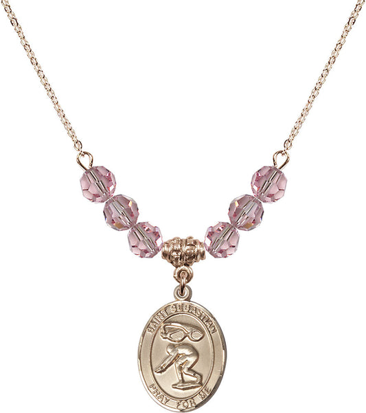 14kt Gold Filled Saint Sebastian/Swimming Birthstone Necklace with Light Rose Beads - 8611