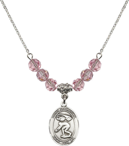 Sterling Silver Saint Sebastian/Swimming Birthstone Necklace with Light Rose Beads - 8611