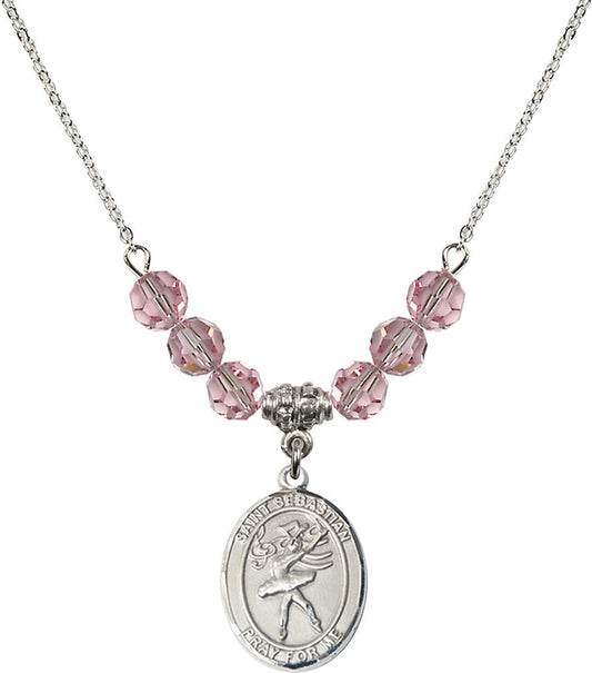 Sterling Silver Saint Sebastian / Dance Birthstone Necklace with Light Rose Beads - 8612