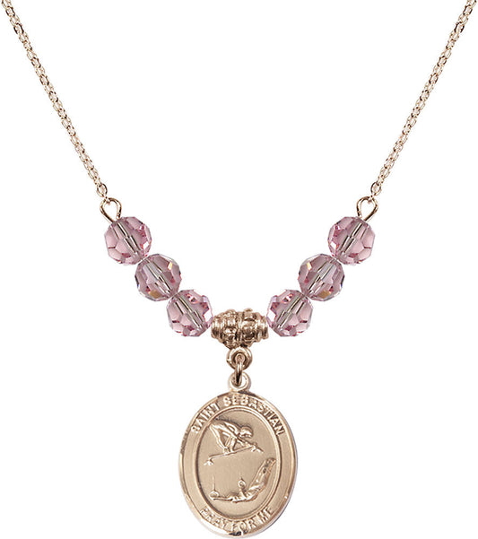 14kt Gold Filled Saint Sebastian/Gymnastics Birthstone Necklace with Light Rose Beads - 8613