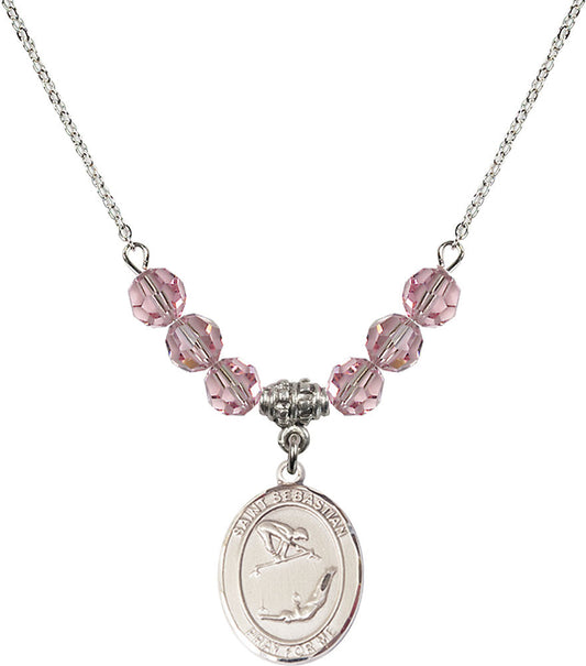 Sterling Silver Saint Sebastian/Gymnastics Birthstone Necklace with Light Rose Beads - 8613