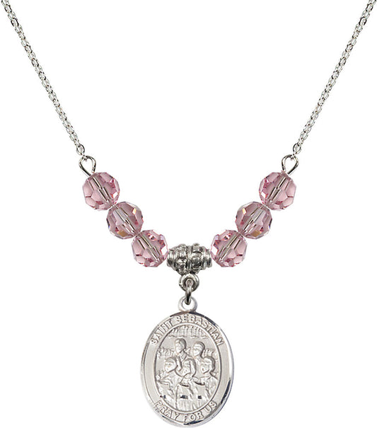 Sterling Silver Saint Sebastian / Choir Birthstone Necklace with Light Rose Beads - 8614
