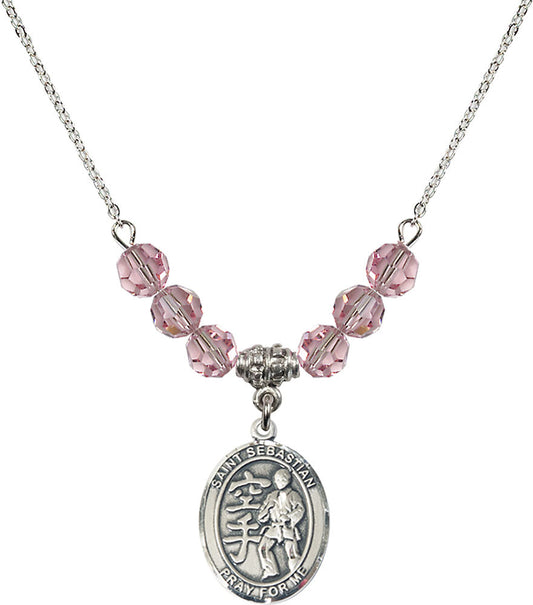 Sterling Silver Saint Sebastian/Karate Birthstone Necklace with Light Rose Beads - 8615