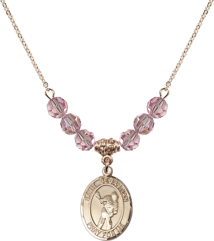 14kt Gold Filled Saint Sebastian/Lacrosse Birthstone Necklace with Light Rose Beads - 8616