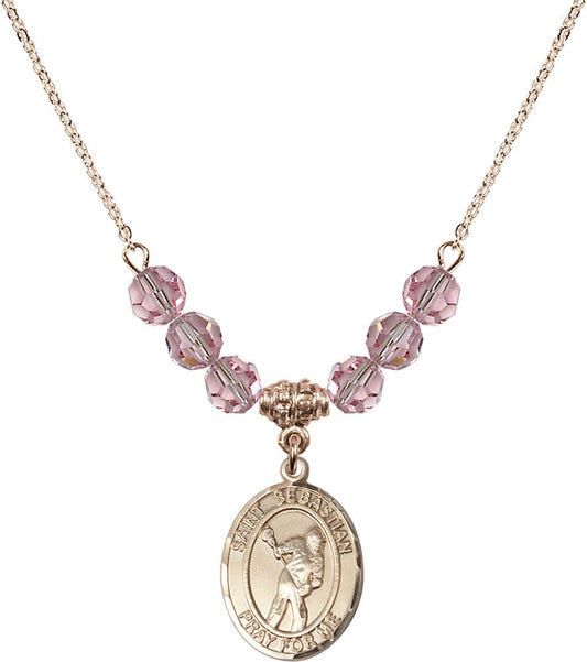 14kt Gold Filled Saint Sebastian/Lacrosse Birthstone Necklace with Light Rose Beads - 8616