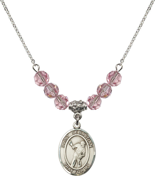 Sterling Silver Saint Sebastian/Lacrosse Birthstone Necklace with Light Rose Beads - 8616