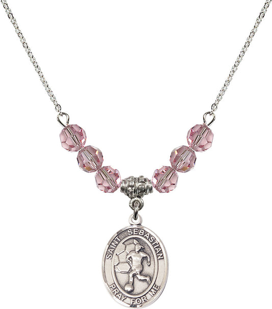 Sterling Silver Saint Sebastian/Soccer-Women Birthstone Necklace with Light Rose Beads - 8617