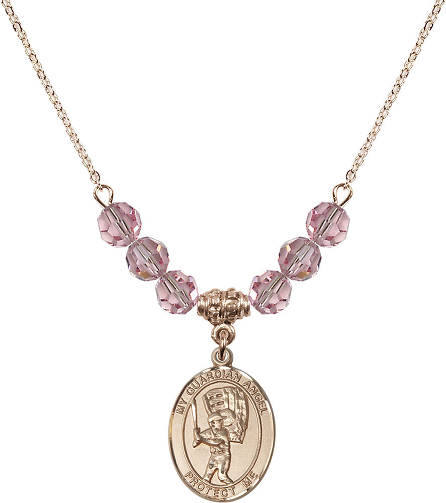 14kt Gold Filled Guardian Angel/Baseball Birthstone Necklace with Light Rose Beads - 8700