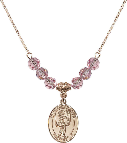 14kt Gold Filled Guardian Angel/Baseball Birthstone Necklace with Light Rose Beads - 8700