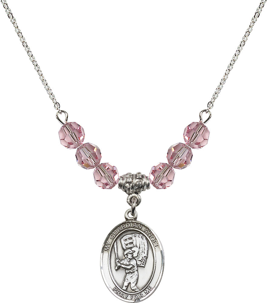 Sterling Silver Guardian Angel/Baseball Birthstone Necklace with Light Rose Beads - 8700