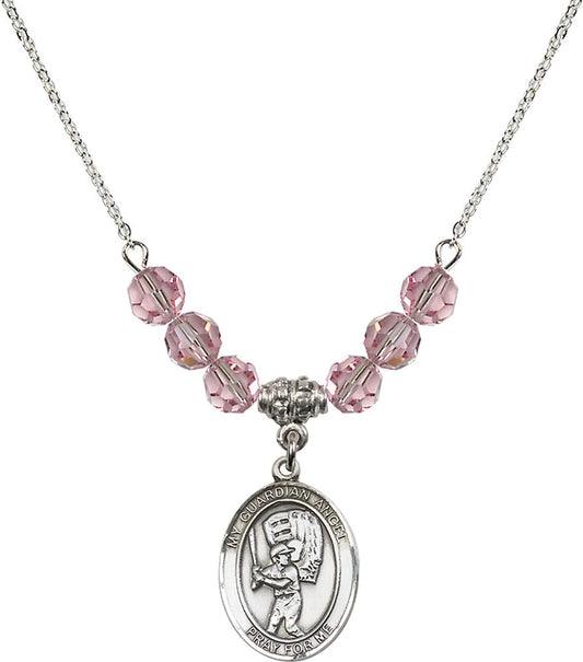 Sterling Silver Guardian Angel/Baseball Birthstone Necklace with Light Rose Beads - 8700