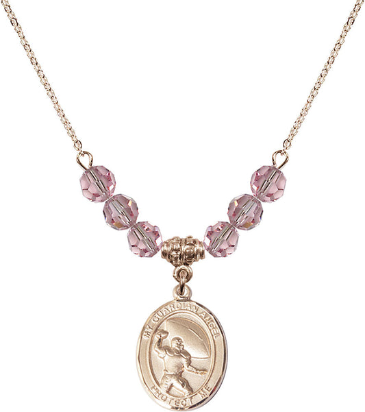 14kt Gold Filled Guardian Angel/Football Birthstone Necklace with Light Rose Beads - 8701
