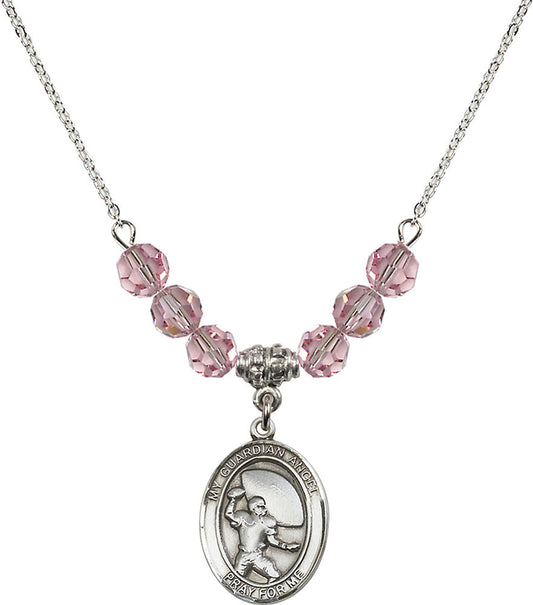 Sterling Silver Guardian Angel/Football Birthstone Necklace with Light Rose Beads - 8701