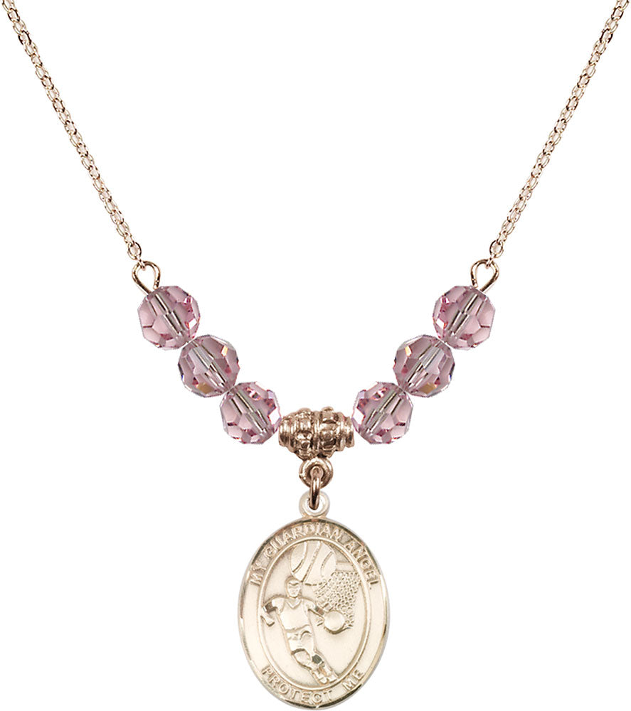 14kt Gold Filled Guardian Angel/Basketball Birthstone Necklace with Light Rose Beads - 8702