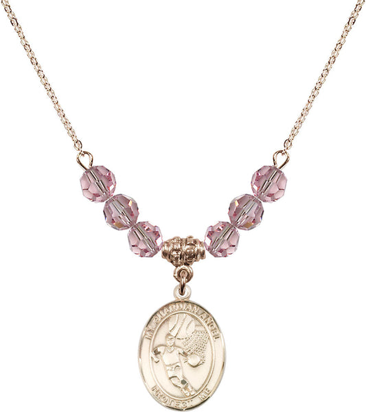 14kt Gold Filled Guardian Angel/Basketball Birthstone Necklace with Light Rose Beads - 8702