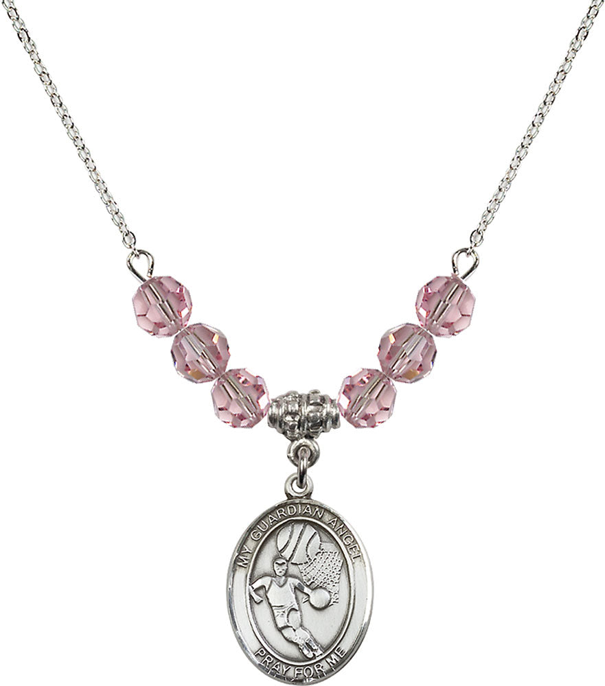 Sterling Silver Guardian Angel/Basketball Birthstone Necklace with Light Rose Beads - 8702