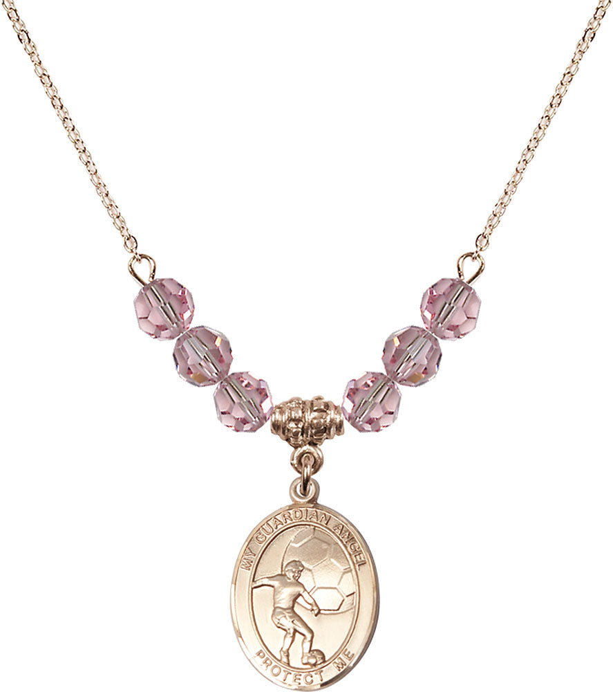 14kt Gold Filled Guardian Angel/Soccer Birthstone Necklace with Light Rose Beads - 8703