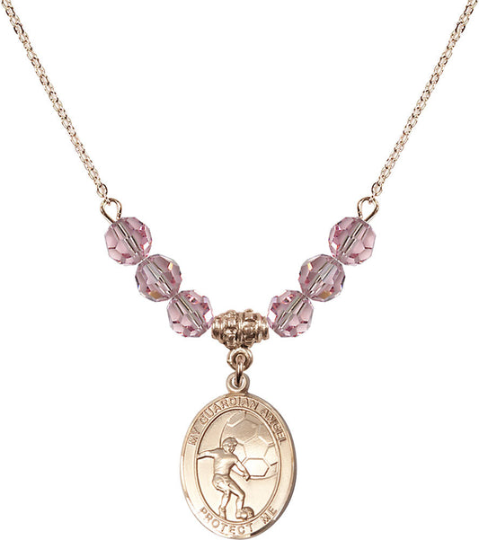 14kt Gold Filled Guardian Angel/Soccer Birthstone Necklace with Light Rose Beads - 8703