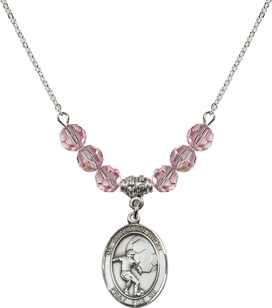 Sterling Silver Guardian Angel/Soccer Birthstone Necklace with Light Rose Beads - 8703