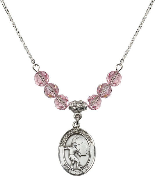 Sterling Silver Guardian Angel/Soccer Birthstone Necklace with Light Rose Beads - 8703