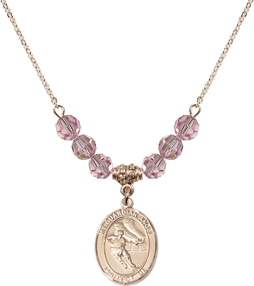 14kt Gold Filled Guardian Angel/Hockey Birthstone Necklace with Light Rose Beads - 8704