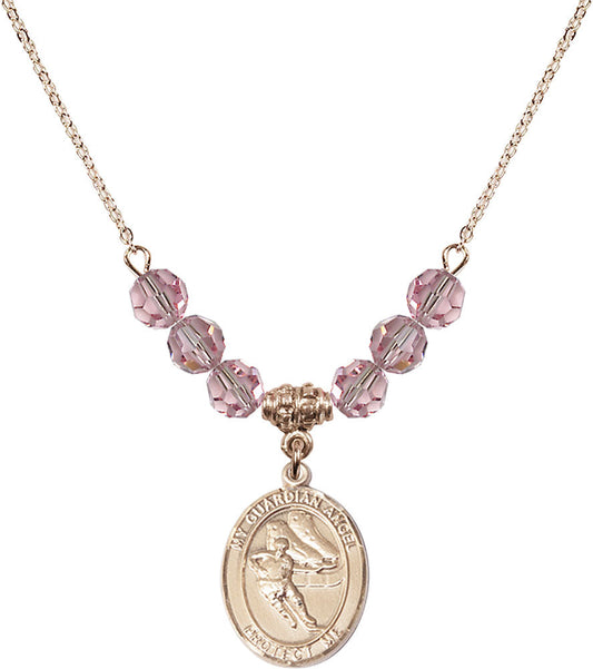 14kt Gold Filled Guardian Angel/Hockey Birthstone Necklace with Light Rose Beads - 8704
