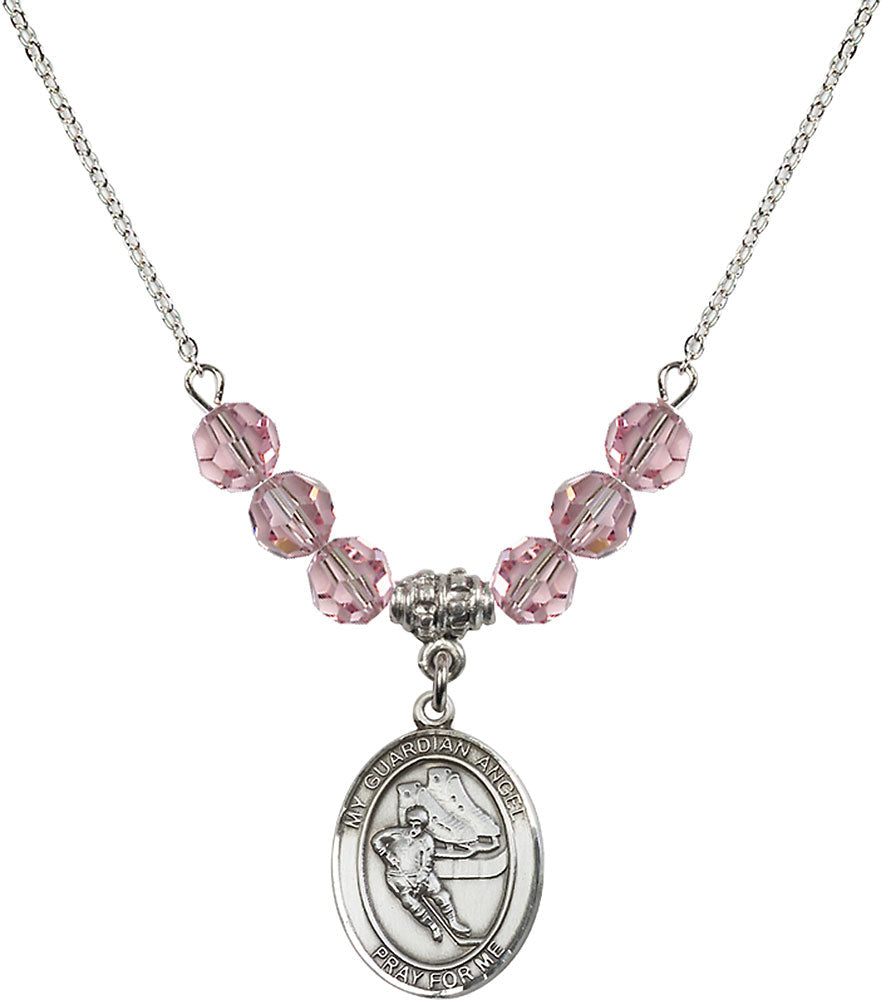 Sterling Silver Guardian Angel/Hockey Birthstone Necklace with Light Rose Beads - 8704