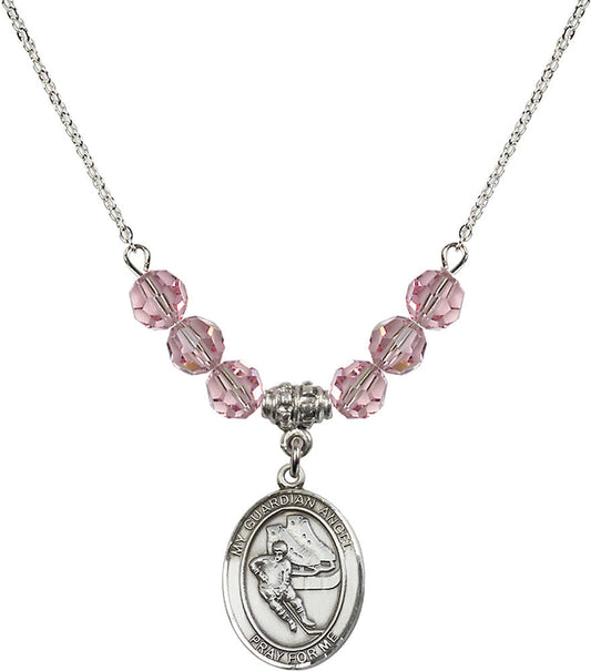 Sterling Silver Guardian Angel/Hockey Birthstone Necklace with Light Rose Beads - 8704