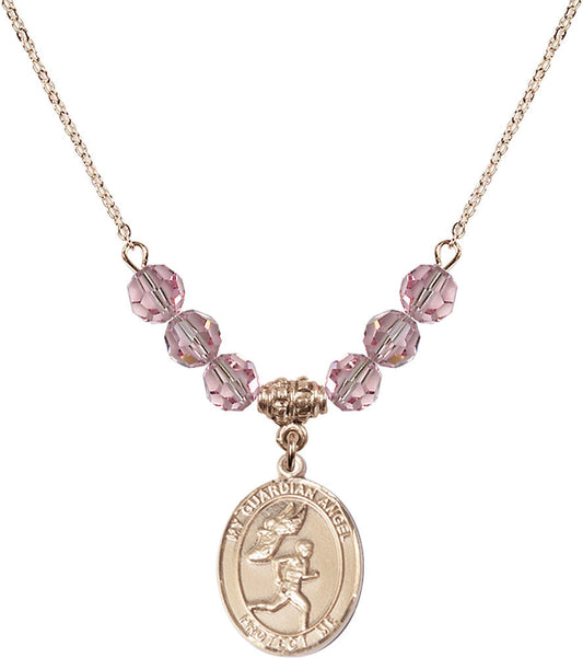 14kt Gold Filled Guardian Angel/Track&Field-Men Birthstone Necklace with Light Rose Beads - 8709