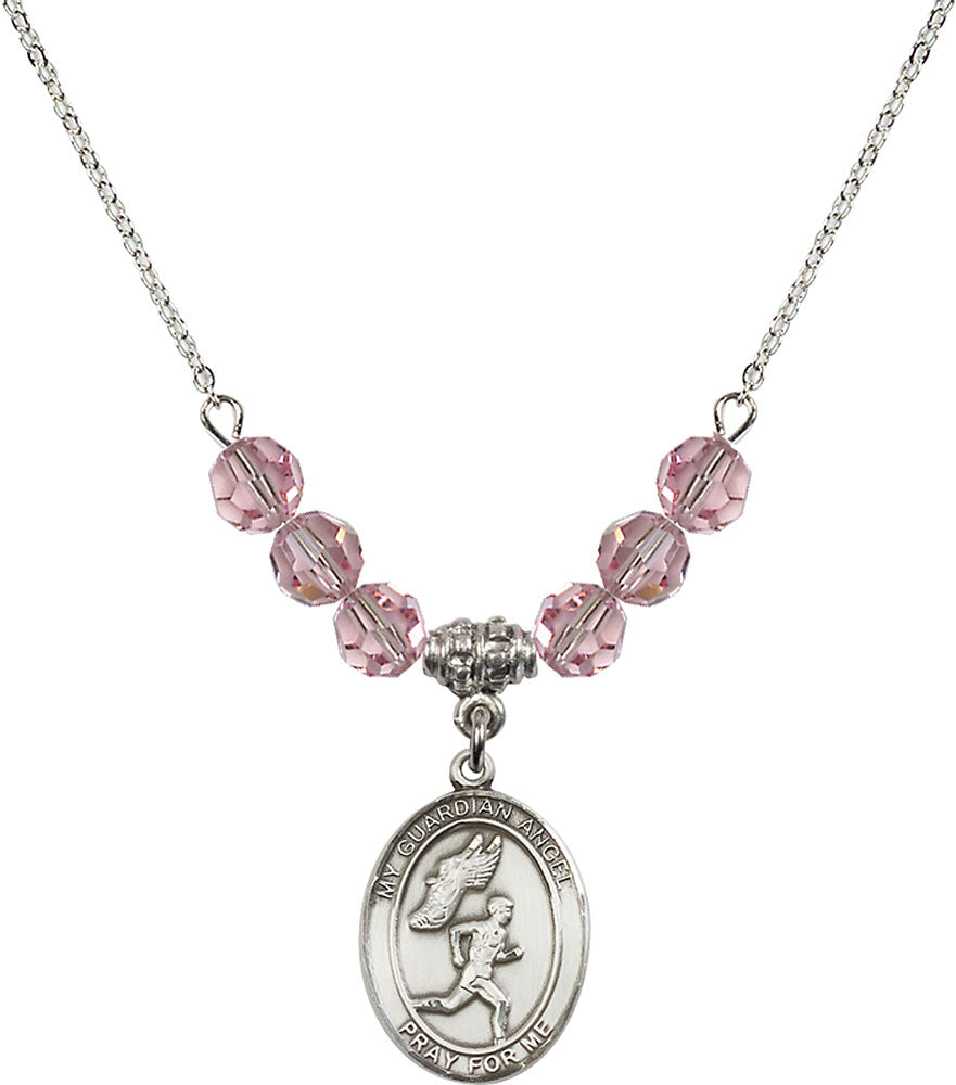 Sterling Silver Guardian Angel/Track&Field-Men Birthstone Necklace with Light Rose Beads - 8709