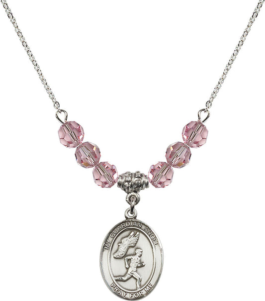 Sterling Silver Guardian Angel/Track&Field-Men Birthstone Necklace with Light Rose Beads - 8709