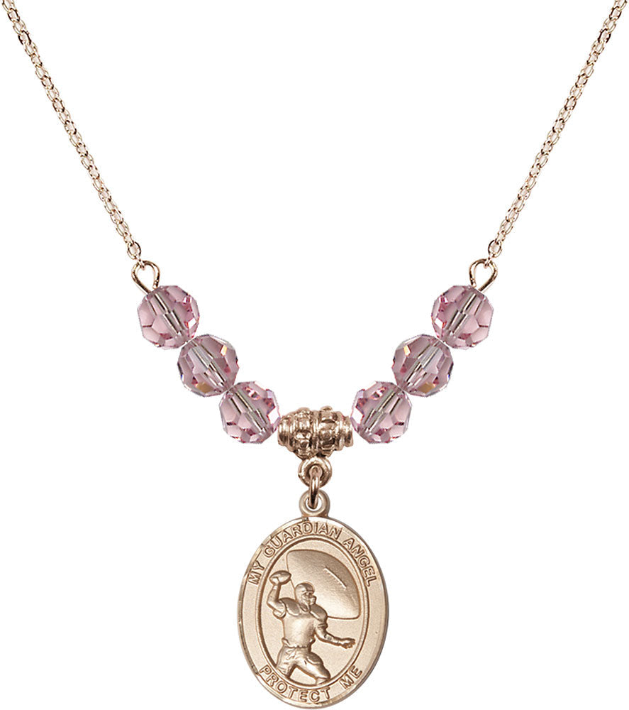 14kt Gold Filled Guardian Angel/Track&Field-Women Birthstone Necklace with Light Rose Beads - 8710