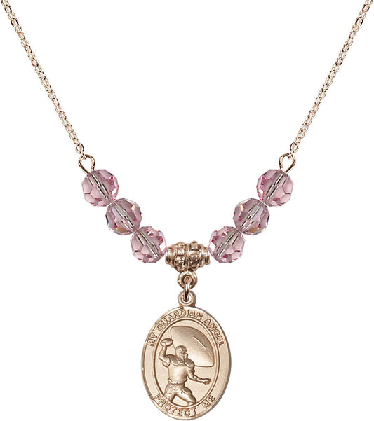 14kt Gold Filled Guardian Angel/Track&Field-Women Birthstone Necklace with Light Rose Beads - 8710