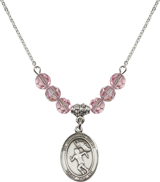 Sterling Silver Guardian Angel/Track&Field-Women Birthstone Necklace with Light Rose Beads - 8710