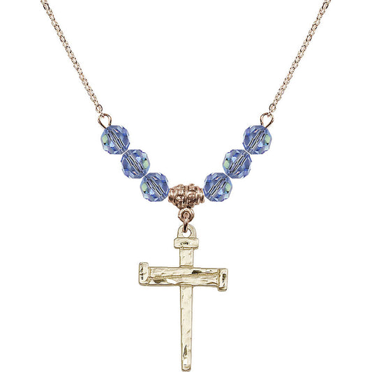 14kt Gold Filled Nail Cross Birthstone Necklace with Light Sapphire Beads - 0013