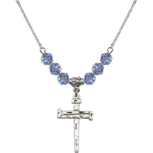 Sterling Silver Nail Cross Birthstone Necklace with Light Sapphire Beads - 0013